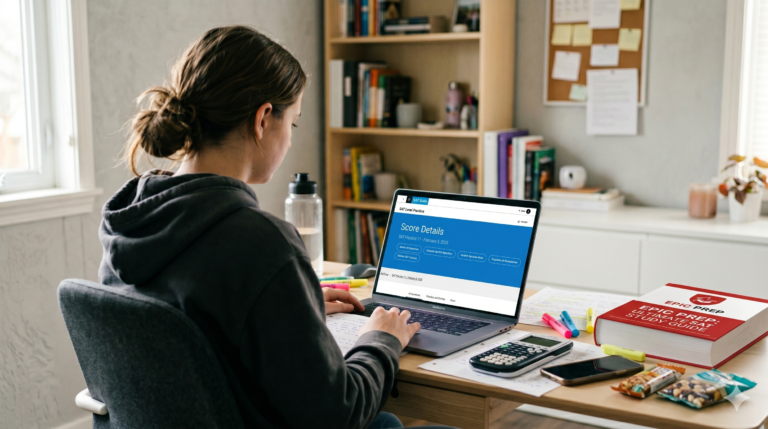Student reviewing SAT Digital score details on Bluebook after completing a SAT mock test, with EPIC Prep SAT study guide on the desk