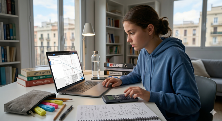 Student studying SAT Math with Desmos graphing calculator on laptop, with EPIC Prep materials on desk