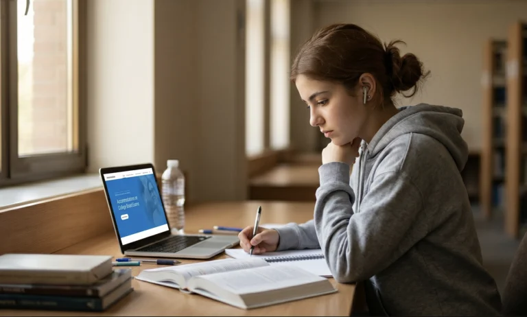 Student researching SAT accommodations on the College Board website in a library