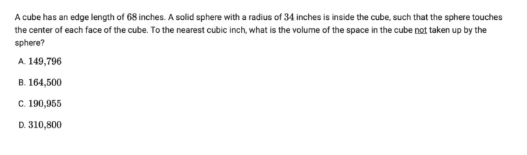 Example multiple choice question from the Digital SAT Geometry and Trigonometry section on volume of a cube and sphere — College Board