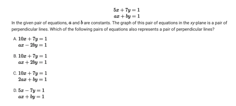 Example multiple choice question from the Digital SAT Algebra section on systems of perpendicular equations — College Board