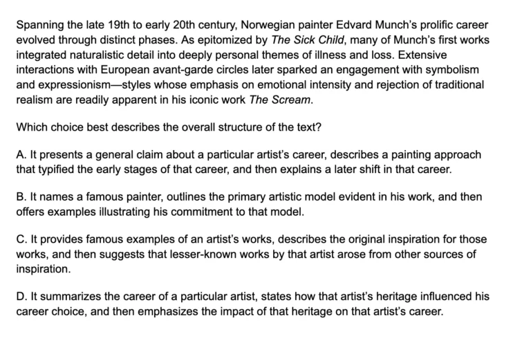 SAT Reading and Writing text structure question example — Craft and Structure domain, about Edvard Munch's artistic career