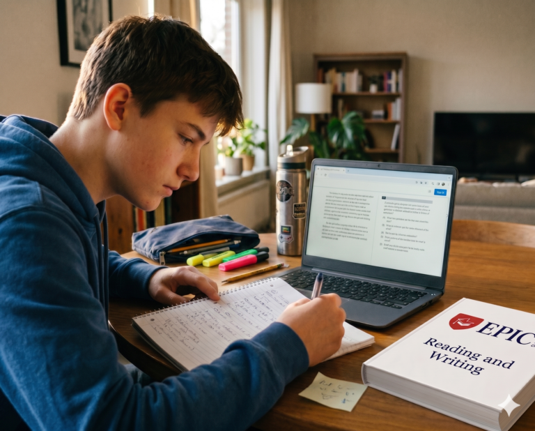 Student studying SAT Reading and Writing at a desk with a laptop showing a practice test and an EPIC Prep Reading and Writing study guide