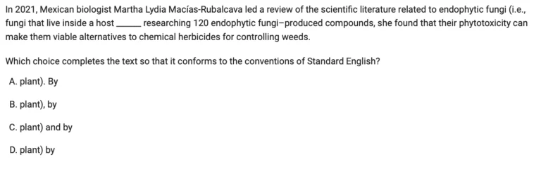 SAT Reading and Writing punctuation boundaries question example — Conventions of Standard English domain, about endophytic fungi research