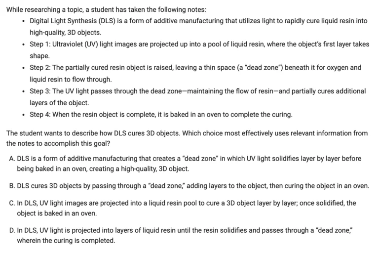 SAT Reading and Writing rhetorical synthesis question example — Expression of Ideas domain, about Digital Light Synthesis 3D printing process