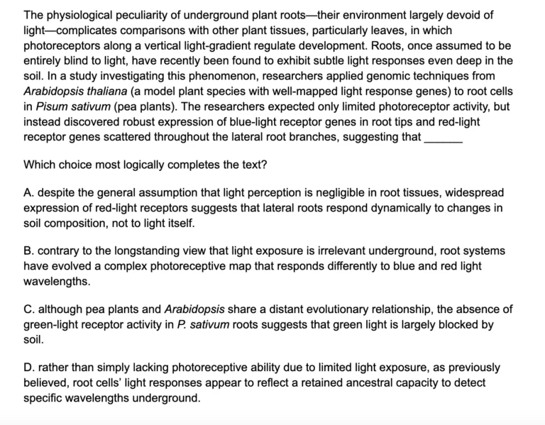 SAT Reading and Writing inference question example — Information and Ideas domain, about light receptor genes in plant roots