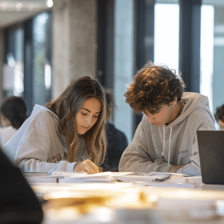 Two students studying together at a library table with open books and a laptop