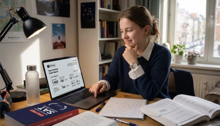 Student smiling at her SAT practice score of 1460 on a laptop screen, with an EPIC Prep study guide on her desk