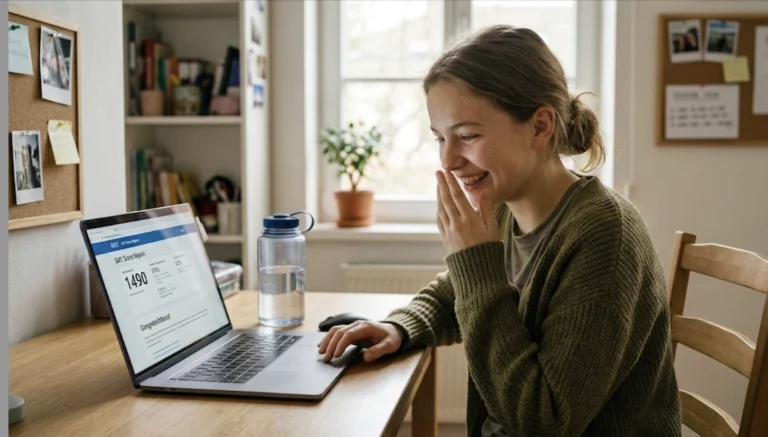 Student smiling at laptop screen showing SAT score report of 1490