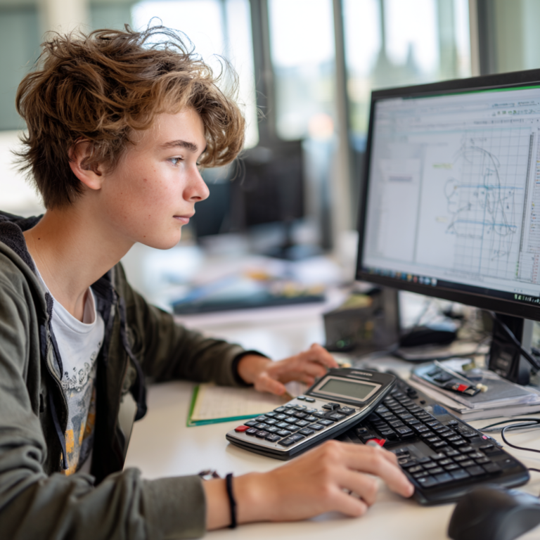 Student preparing for the Digital SAT using a scientific calculator and Desmos on computer