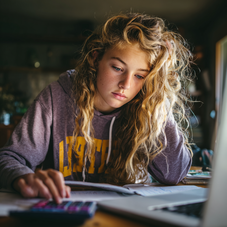 High school student studying for the Digital SAT math section with a calculator and laptop