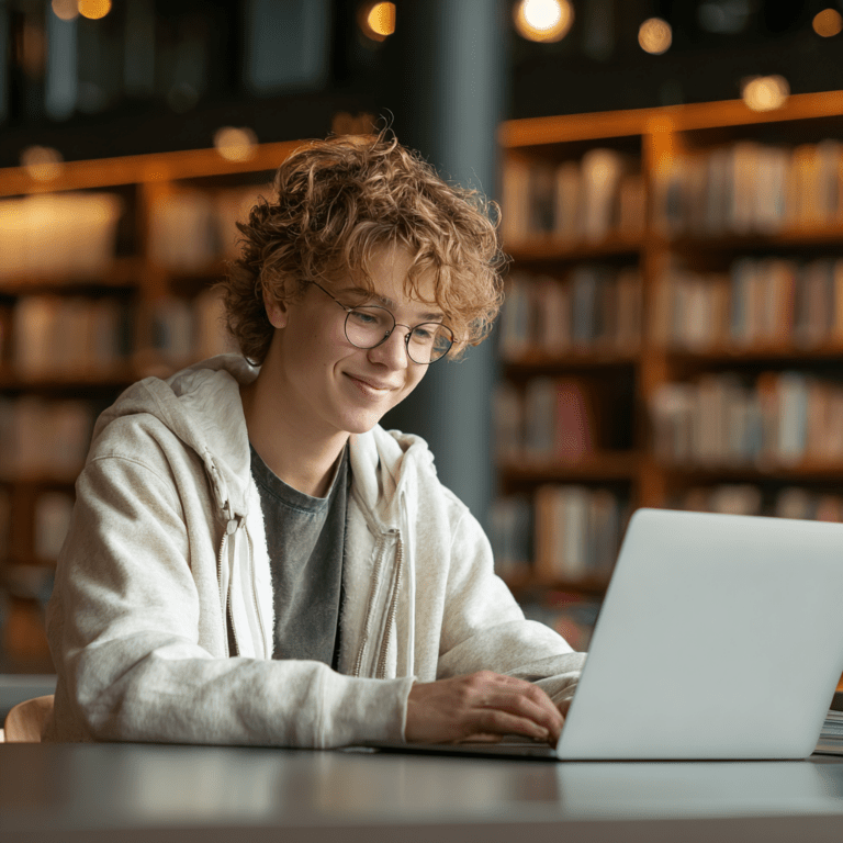 Student preparing for the GED exam on a laptop in a library