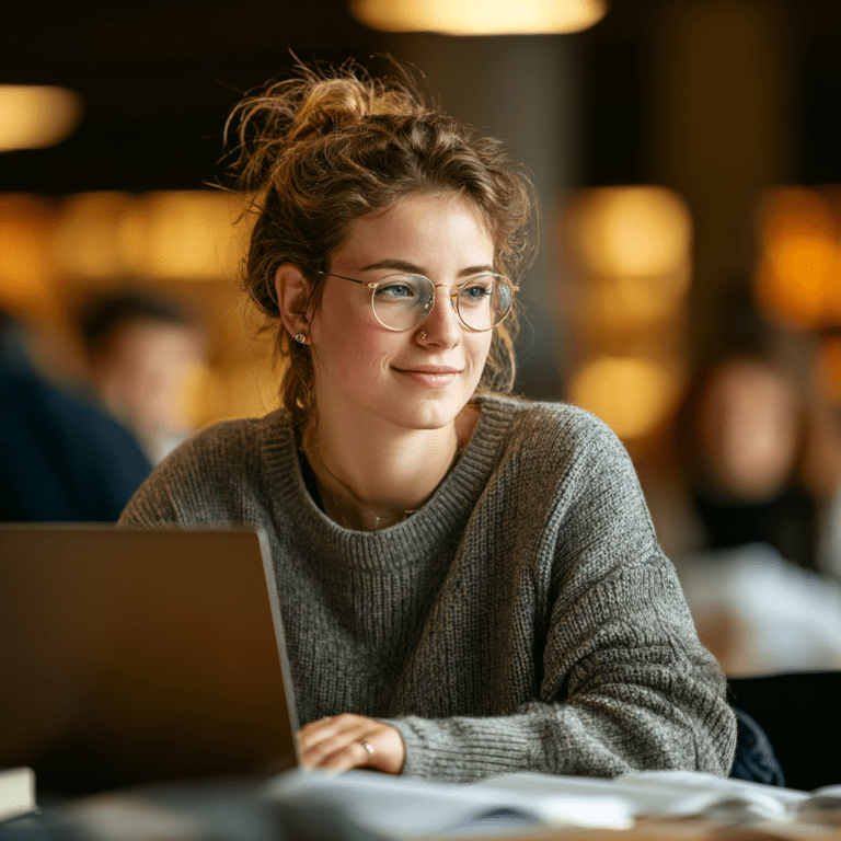 Female student preparing for the GED exam with laptop and books in a library