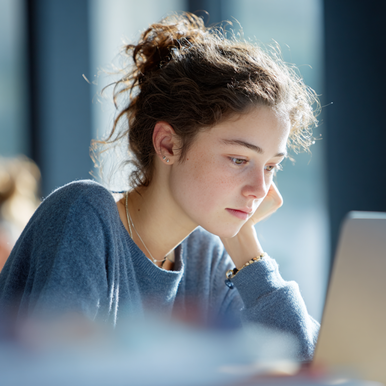 Focused student preparing for the SAT using the SAT Bluebook App on her laptop, following the 2025 guide for mock tests and device setup.