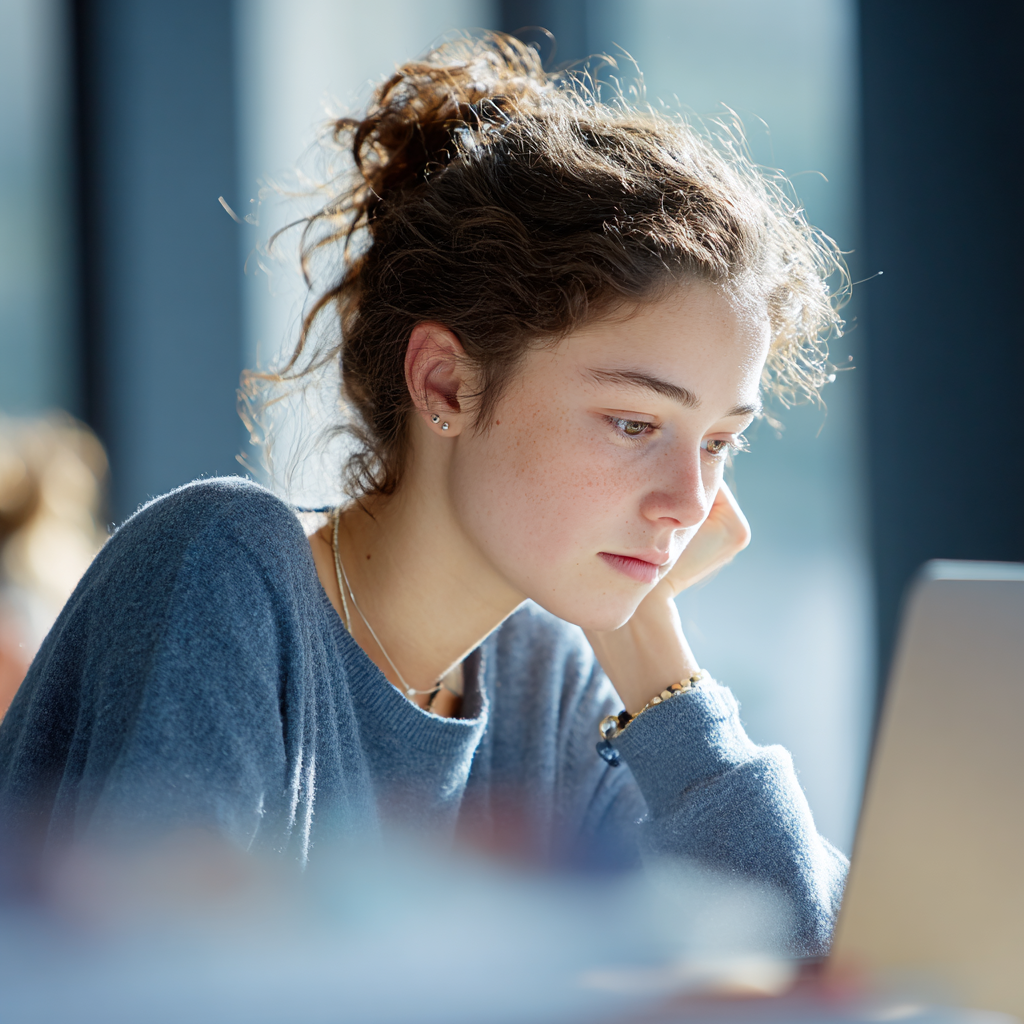 Focused student preparing for the SAT using the SAT Bluebook App on her laptop, following the 2025 guide for mock tests and device setup.