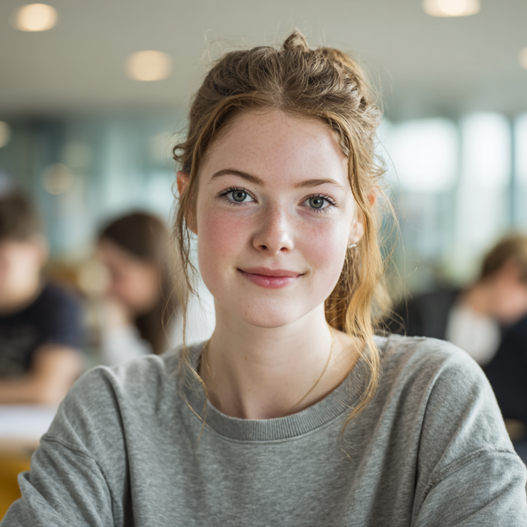 Young female student smiling in a bright classroom environment.