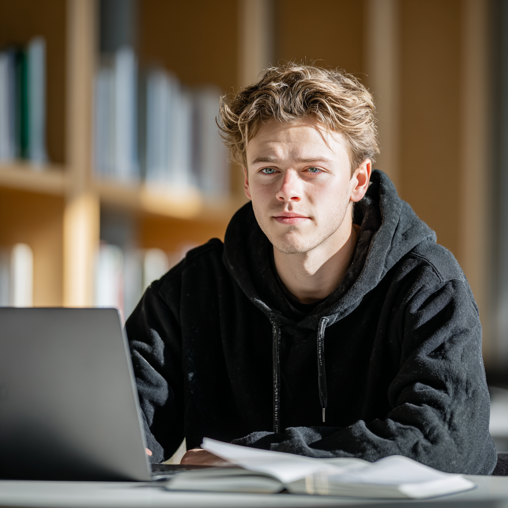 Young male student studying with a laptop and notebook in a bright library.