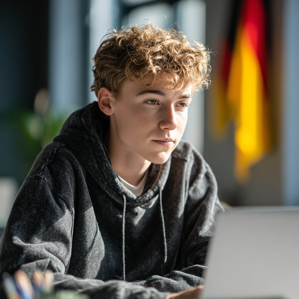 German high school student from EPIC Prep studying for the SAT on a laptop, with a blurred German flag in the background.