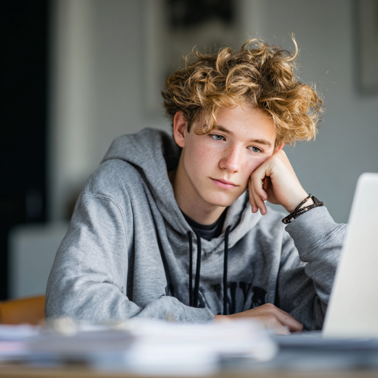 Dutch secondary school student studying at home with a laptop in a calm, focused academic setting