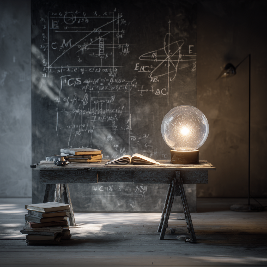 A study desk with physics books, a glowing glass sphere, and a blackboard filled with equations in a dimly lit academic setting