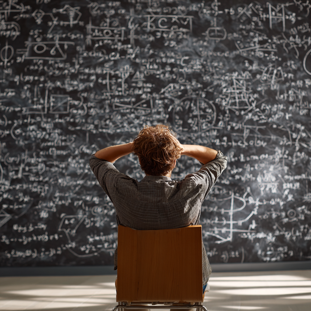 Student facing a blackboard full of complex math formulas, sitting with hands on head, showing confusion during academic study