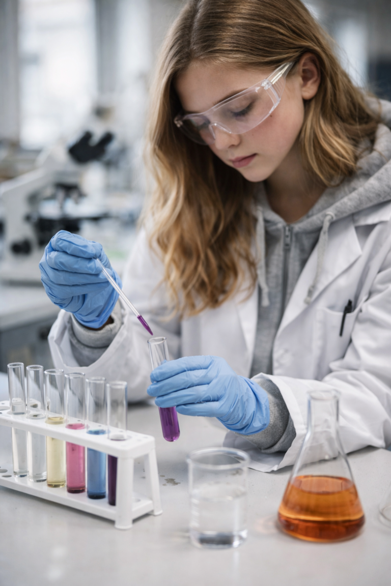 High school student performing a chemistry experiment in a laboratory, wearing safety goggles and handling test tubes for IB Chemistry preparation