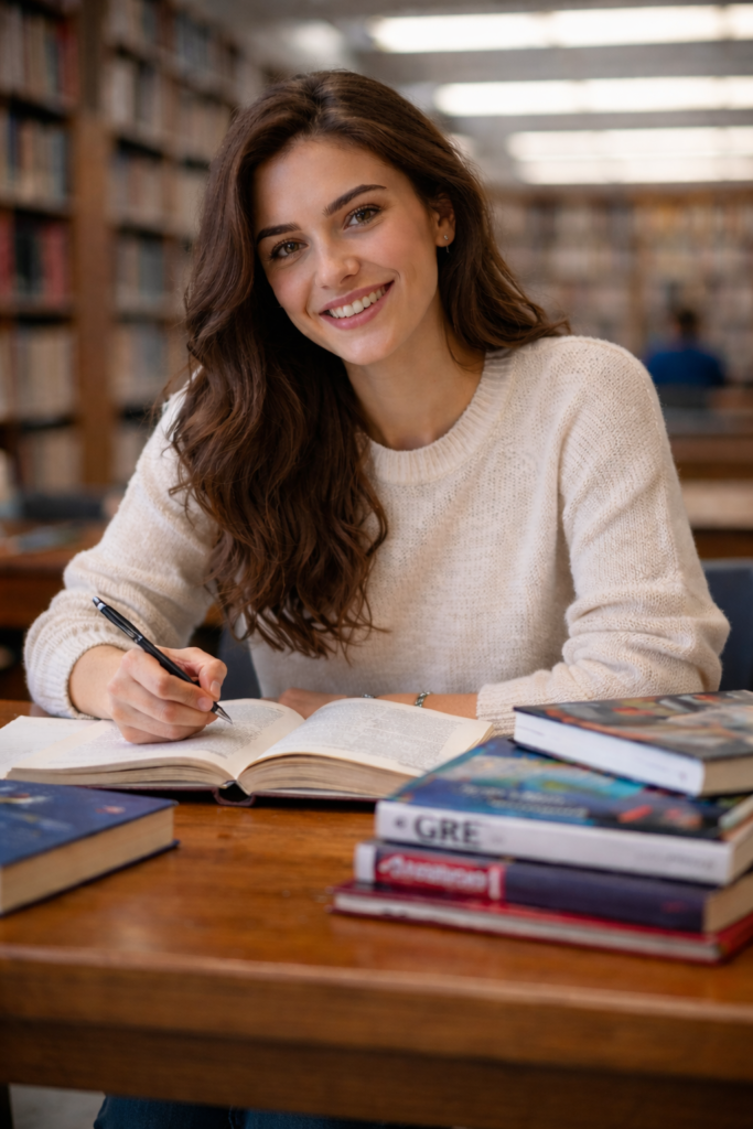Preparazione al GRE in Italy: giovane studentessa universitaria studia in biblioteca con libri e manuali per l’esame GRE