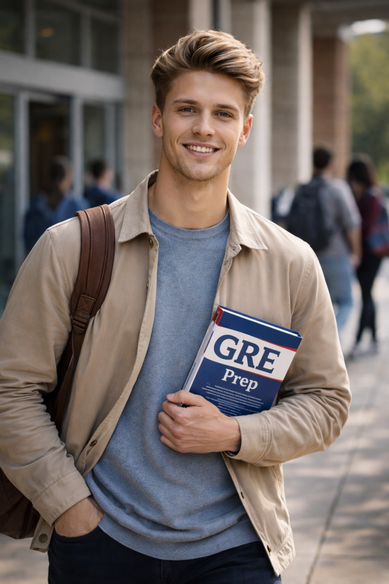 Dutch master's student holding a GRE prep book outside a university in the Netherlands
