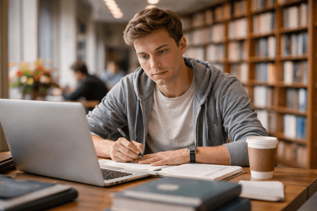 Deutscher Universitätsstudent bereitet sich in einer Bibliothek auf den GRE-Test für ein Masterstudium in Deutschland oder im Ausland vor