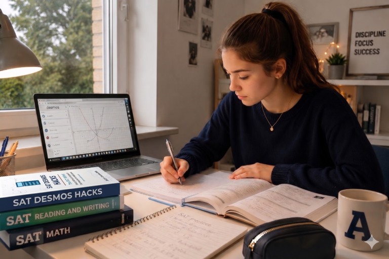 Student studying SAT Desmos Hacks book alongside Desmos graphing calculator on laptop