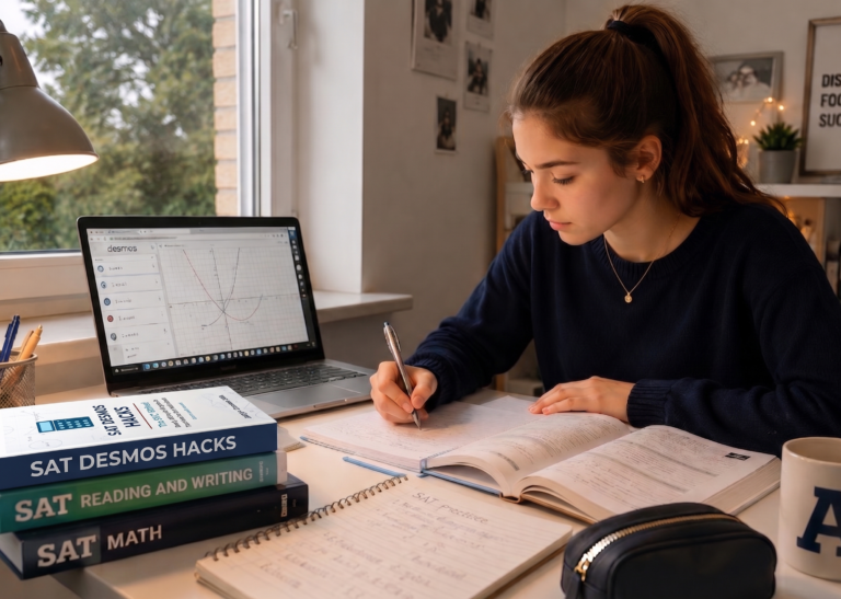 Student studying SAT Desmos Hacks book alongside Desmos graphing calculator on laptop