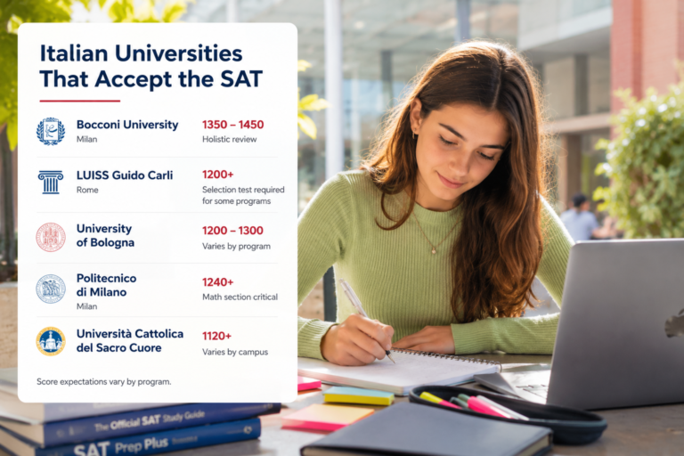 High school student studying for the SAT with infographic about Italian universities that accept SAT scores, including Bocconi, LUISS, Bologna, Politecnico di Milano, and Cattolica.