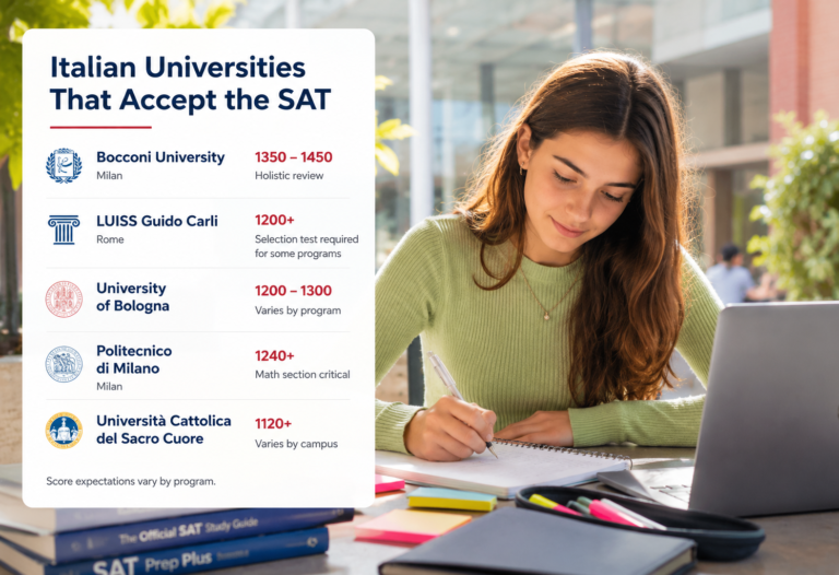 High school student studying for the SAT with infographic about Italian universities that accept SAT scores, including Bocconi, LUISS, Bologna, Politecnico di Milano, and Cattolica.