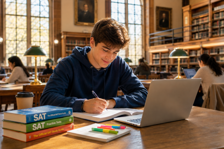 High school student studying for the SAT exam in a bright university library with books, laptop, and study materials.