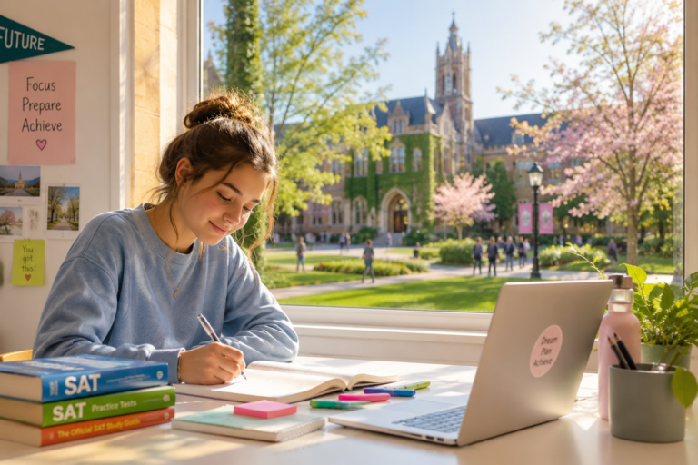 High school student studying for the SAT exam in Italy in a bright room with a university campus visible through the window.